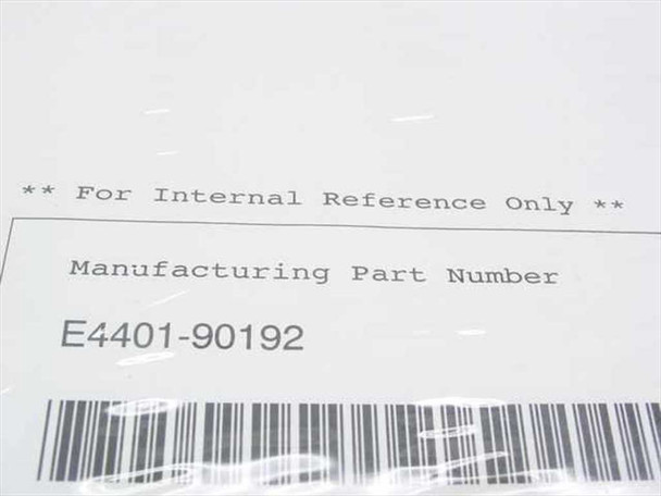 Agilent E4401-90192 manufacturing part number label on plastic wrap — barcode and part number E4401-90192 printed on internal reference sticker