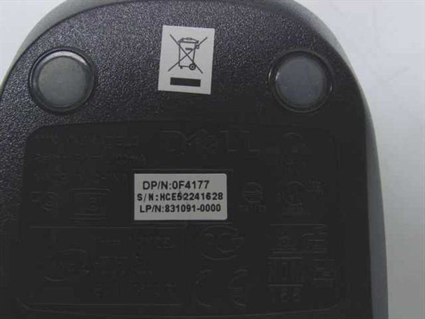 Dell 0F4177 mouse bottom label showing DP/N 0F4177, S/N HCE52241628, and LP/N 831091-0000