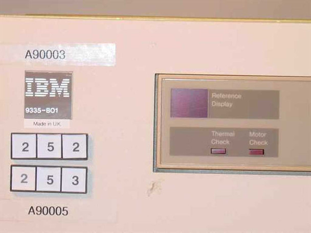 IBM 9335-B01 close-up of front panel label showing model 9335-B01, Made in UK, asset tags A90003 and A90005, and status display panel