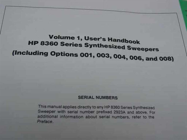 HP 8360 Series Synthesized Sweepers Vol 1 User's Handbook title page showing Options 001 003 004 006 and 008 and serial number applicability note SN prefix 2923A and above