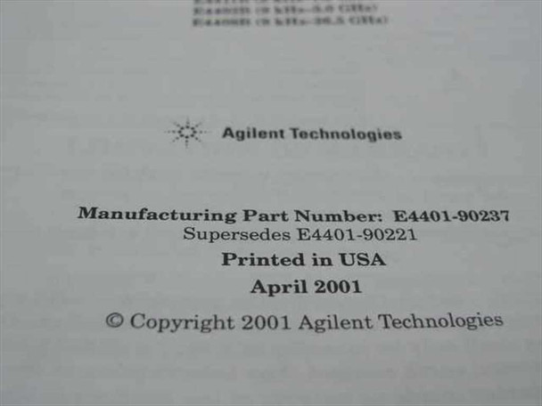 Publication details page showing Manufacturing Part Number E4401-90237, supersedes E4401-90221, Printed in USA, April 2001