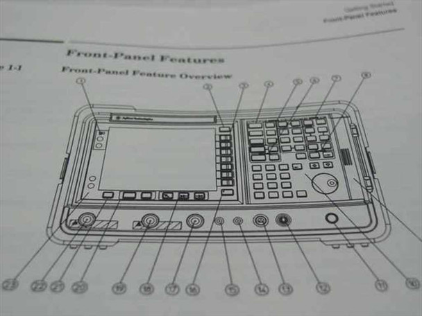 Interior page showing Front-Panel Features diagram with labeled callouts for ESA spectrum analyzer controls