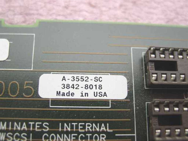 HP A-3552-SC label closeup showing part number 3842-8018 and Made in USA marking, with missing gold fingers on edge connector visible