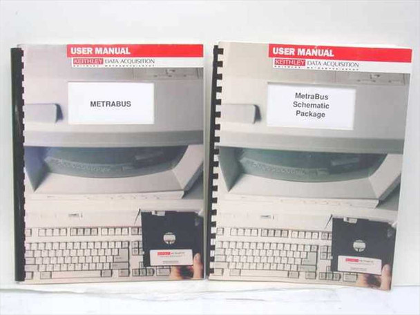 Keithley MetraByte Metrabus User Guide and Schematic Package — two spiral-bound manuals side by side, front covers visible