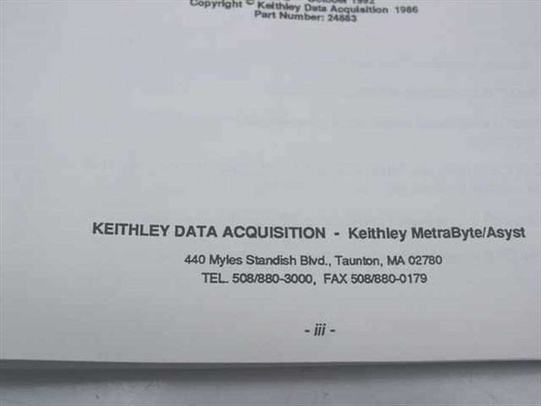 Keithley Data Acquisition interior page showing Keithley MetraByte/Asyst address in Taunton MA and part number 24883