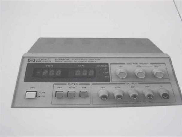 HP E3630A Triple Output DC Power Supply front panel photo printed inside the manual showing controls, meters, and output terminals