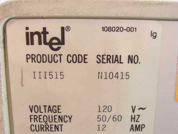 Intel III515 rating plate label showing product code III515, part number 108020-001, 120V 50/60Hz 12A power specs