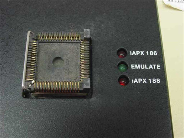 Close-up of emulator pod PLCC socket with iAPX 186, EMULATE, and iAPX 188 LED mode indicators