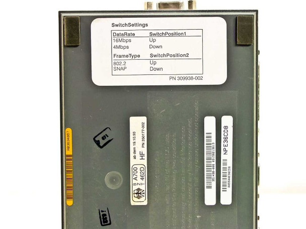 Intel NetportExpress XL bottom label showing switch settings, data rate 16Mbps/4Mbps, frame type 802.2/SNAP, and PN 309938-002