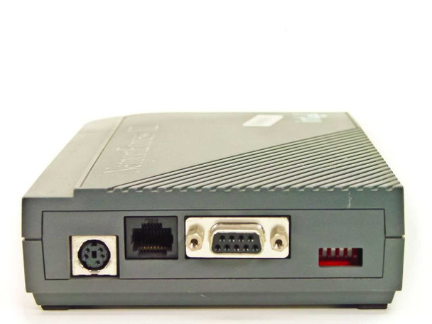 Intel NetportExpress XL rear panel showing DIN power connector, RJ-45 Token Ring port, DB-9 serial port, and DIP switches