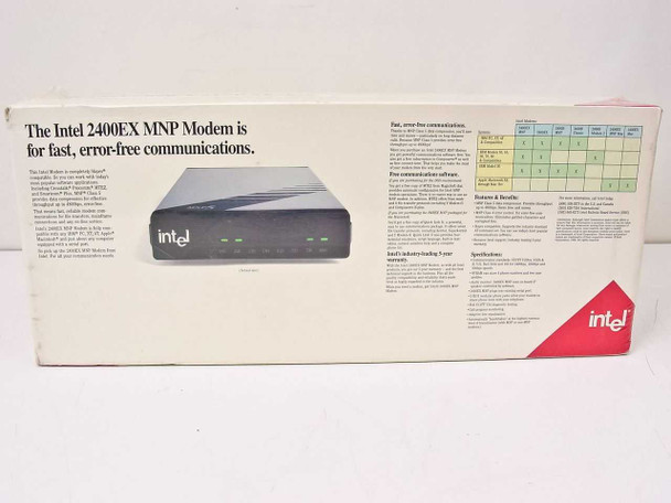 Intel 2400EX MNP Modem PCEM7424 — back of retail box showing modem unit photo and product specifications text