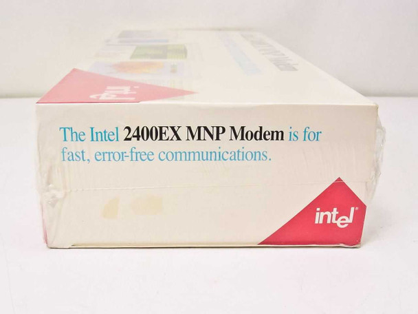 Intel 2400EX MNP Modem PCEM7424 — bottom panel of retail box showing light yellowing on corner