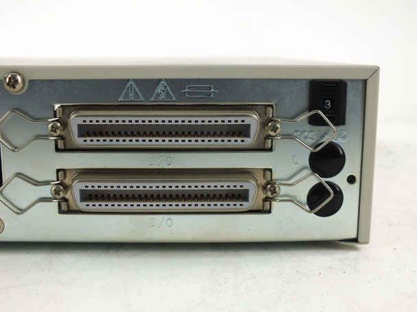 Ci Designs Ci 1000 SCSI enclosure – close-up of dual 50-pin Centronics SCSI rear connectors with retention clips and SCSI ID selector switch