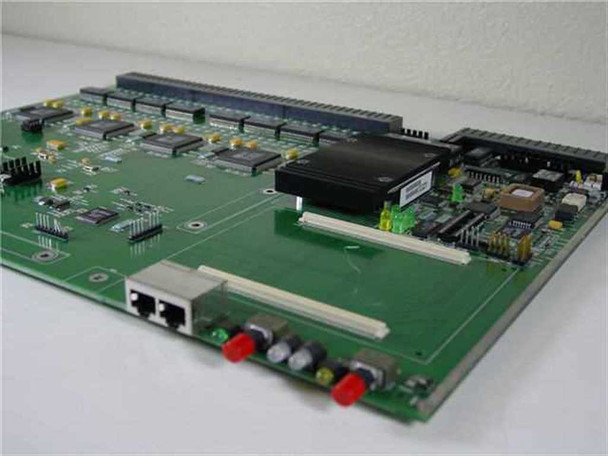 GNP Computers 1-501701EM Ethernet Repeater card angled view showing dual RJ-45 ports and fiber connectors on edge