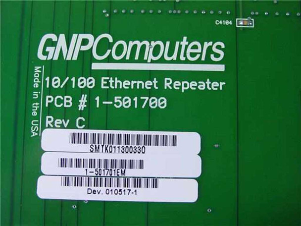 GNP Computers PCB label showing 10/100 Ethernet Repeater, PCB 1-501700, Rev C, Made in USA, part number 1-501701EM