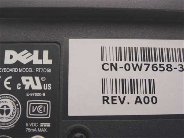Dell RT7D50 keyboard underside label showing model RT7D50, part number CN-0W7658, Rev. A00, and 5VDC 75mA rating