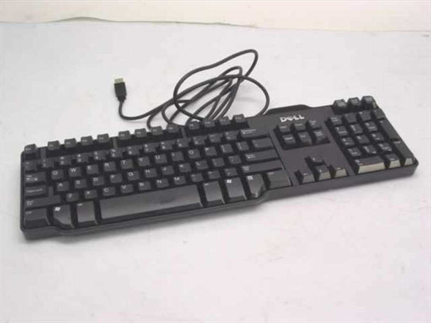 Dell RT7D50 0W7658 104-key thin black USB keyboard – top view showing full key layout and attached USB cable