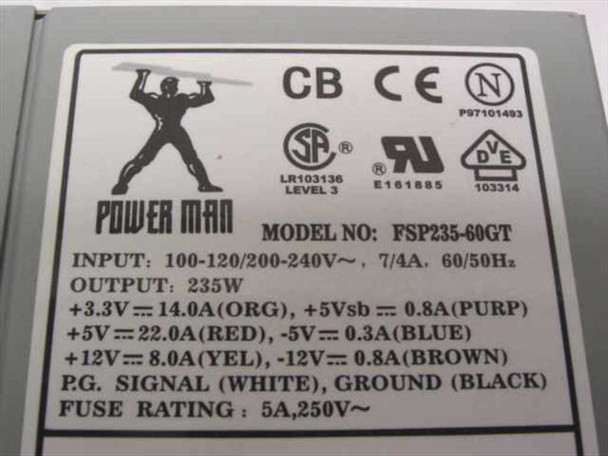 Power Man FSP235-60GT label showing model number, dual voltage input 100-240V, output rails, certifications CB CE CSA UL VDE