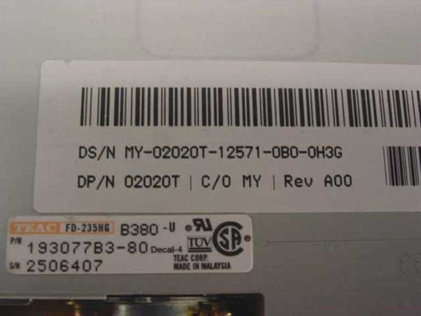 Dell 02020T TEAC FD-235HG label closeup showing Dell DS/N MY-02020T, DP/N 02020T Rev A00, TEAC part number 193077B3-80, serial number 2506407, Made in Malaysia