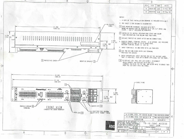 ADC PowerWorx PWX-002FGCSD10PWDP installation drawing sheet 1 showing front view, dimensions, and mounting instructions for 23-inch telecom rack