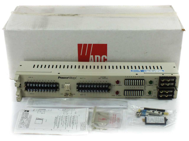 ADC PowerWorx PWX-002FGCSD10PWDP 2U GMT fuse panel shown with original ADC box and included accessories bag in foreground