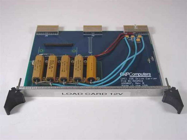 GNP PDSi 1-502516 CPCI IDE Drive Carrier 12V Load Card — front view showing load resistors, wiring harness, and CompactPCI ejector handles