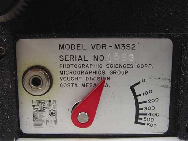 VDR-M3S2 label plate showing model number, serial number, Photographic Sciences Corp Micrographics Group Vought Division Costa Mesa CA, and film remaining indicator scale 0–600