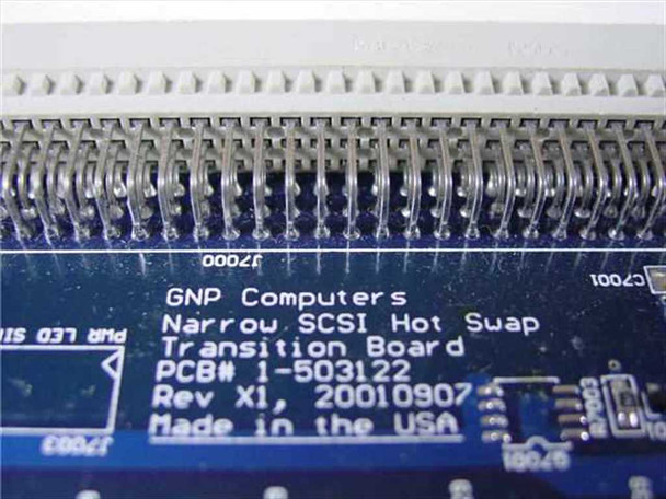 GNP Computers Narrow SCSI Hot Swap Transition Board 1-503122 — close-up of PCB label showing Rev X1 and date code 20010907