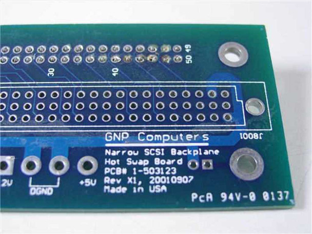 GNP Computers Narrow SCSI Backplane 1-503123 – close-up of label showing PCB number, Rev X1, date code 20010907, and PCA 94V-0 rating