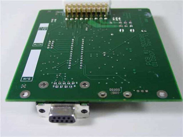 GNP Computers NODE4U Alarm Card 1-503085 — PCB rear/solder side view showing internal header connector and DB9 connector on edge