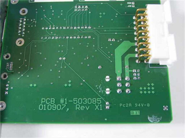 GNP Computers NODE4U Alarm Card 1-503085 — PCB underside close-up showing PCB #1-503085, date code 010907, Rev X1 markings and edge connector
