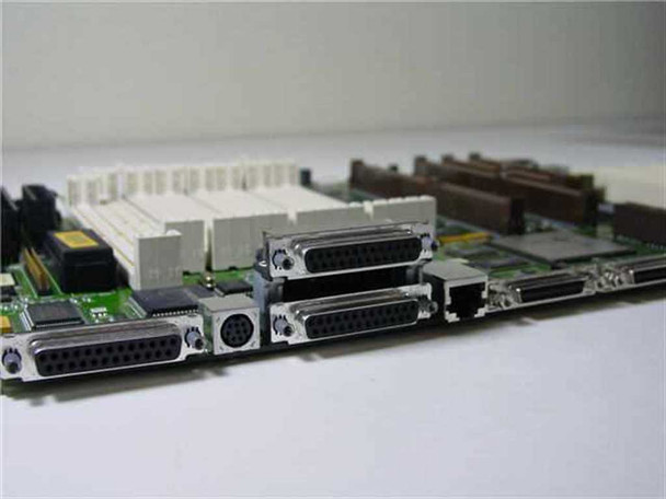 Sun Microsystems 501-4450 motherboard – close-up of rear I/O connectors including DB25 parallel, DB9 serial, PS/2, and RJ45 ports