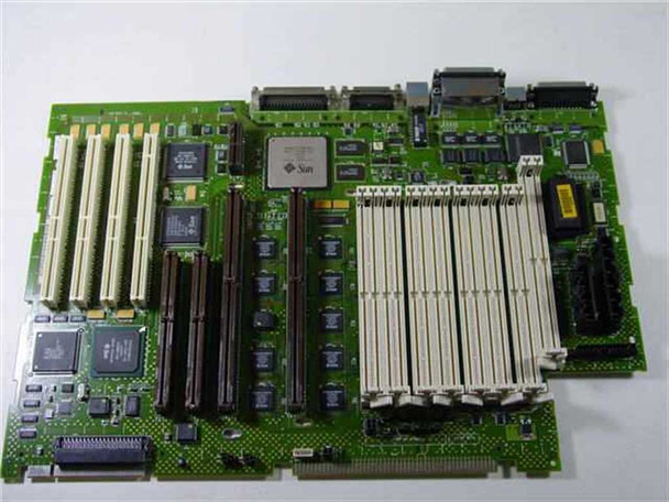 Sun Microsystems 501-4450 SPARC motherboard – top view showing Sun-branded main processor chip, SBus slots, and memory slots