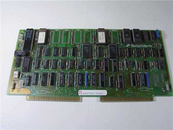 Dataproducts 260753-006B CCA Processor Board — top view showing full PCB with ICs, gold card-edge connector, and Dataproducts logo