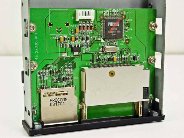 Apacer AP-COCRI41 PCB interior view showing Phison controller chip, PROCONN card connector, internal USB power header, and card slot connectors