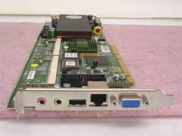 Sun PWA-Chimera PC+M Processing Board — angled bracket view showing 3.5mm audio jacks, USB port, RJ-45 Ethernet, and VGA connector with heatsink and fan visible on green PCB