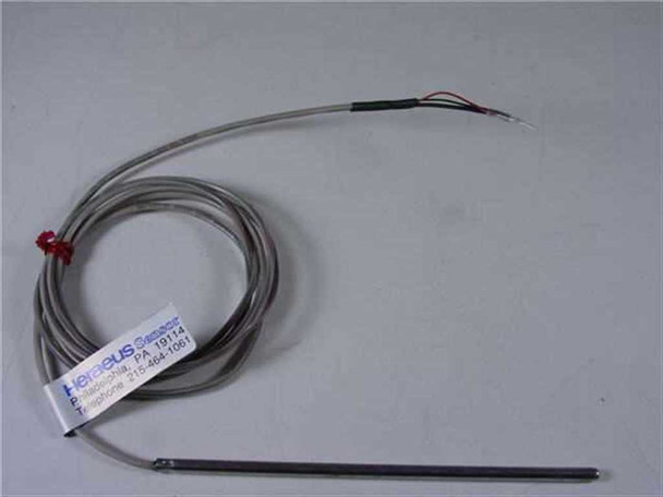 Heraeus FSI-232188-001 temperature sensor probe – full assembly with Heraeus label tag visible on cable, stainless steel probe tip extended