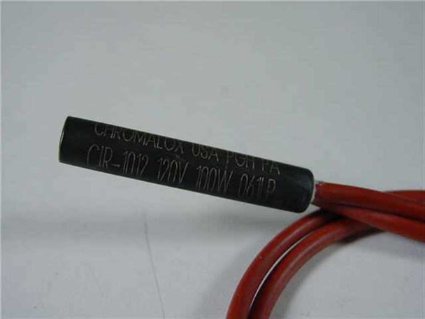 Chromalox CIR-1012 cartridge heater label closeup showing model number, 120V, 100W, and INCOLOY sheath markings