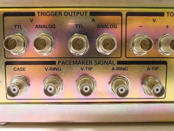 Tektronix 161-420-63 front panel closeup — Trigger Output section with TTL and Analog BNC connectors (V and A channels), and Pacemaker Signal section with CASE, V-RING, V-TIP, A-RING, A-TIP BNC connectors