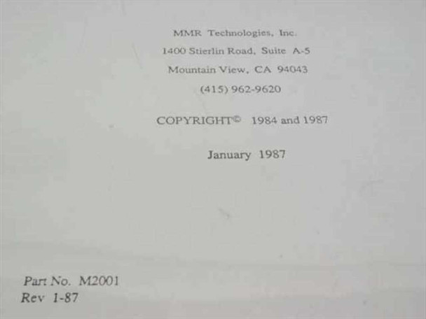 MMR Technologies M2001 manual copyright and publication page showing Part No. M2001, Rev 1-87, January 1987