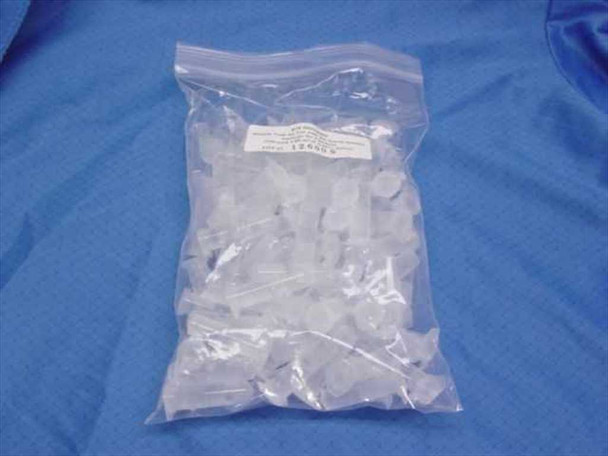 Bag of 100 clear plastic diluent vials with caps, P/N 00254000, sealed in resealable poly bag