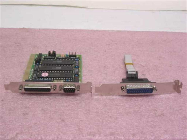 Magitronic A-B232 ISA I/O card front view showing ISA edge connector, ICs, DB25 parallel port and DB9 serial port on bracket, with separate external DB25 bracket