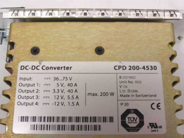 Power-One CPD 200-4530 DC-DC converter — rating label showing input 36–75V, quad outputs 5V/40A, 3.3V/40A, 12V/5.5A, -12V/1.5A, 200W max, IP20, CE, TÜV, Made in Switzerland