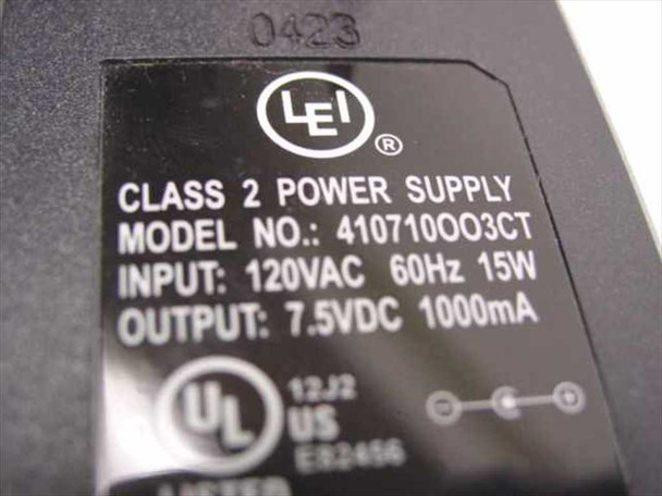 LEI Class 2 power supply model 410710OO3CT label showing 120VAC 60Hz 15W input and 7.5VDC 1000mA output