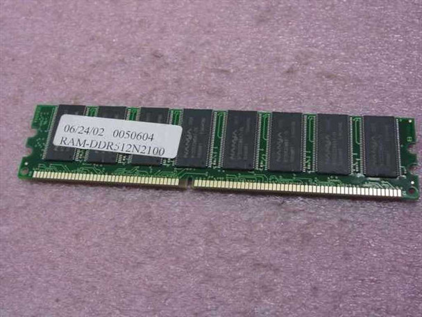 Nanya RAM-DDR512N2100 512MB PC2100 DDR266 184-pin desktop DIMM memory module — top side with label showing part number and date code 06/24/02