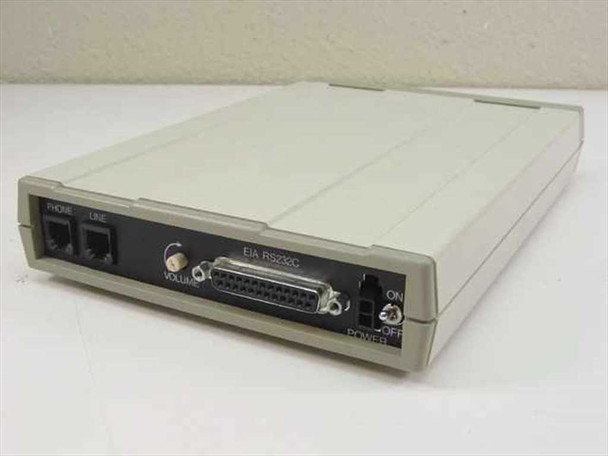 MultiTech MT1432BA rear panel showing PHONE and LINE RJ-11 ports, EIA RS-232C DB-25 connector, volume knob, and power switch