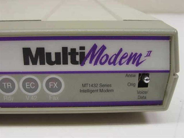 Close-up of MultiTech MultiModem II front panel label showing MT1432 Series Intelligent Modem, TR/EC/FX indicators, and Answer/Originate/Voice/Data switch
