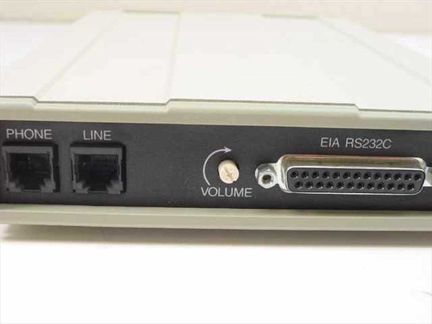 Close-up of MultiTech MT1432BA rear panel showing PHONE and LINE RJ-11 jacks, VOLUME control, and EIA RS-232C DB-25 serial port