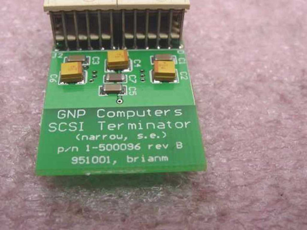 GNP Computers SCSI Terminator PCB close-up showing board markings: narrow s.e., p/n 1-500096 Rev B
