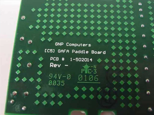 GNP Computers GAFA Paddle Board PCB back side showing silkscreen: GNP Computers, GAFA Paddle Board, PCB # 1-502014, Rev N, 94V-0, date code 0106